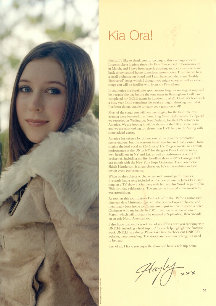 Hayley Westenra - Winter Tour 2004 - Brochure - Page 03